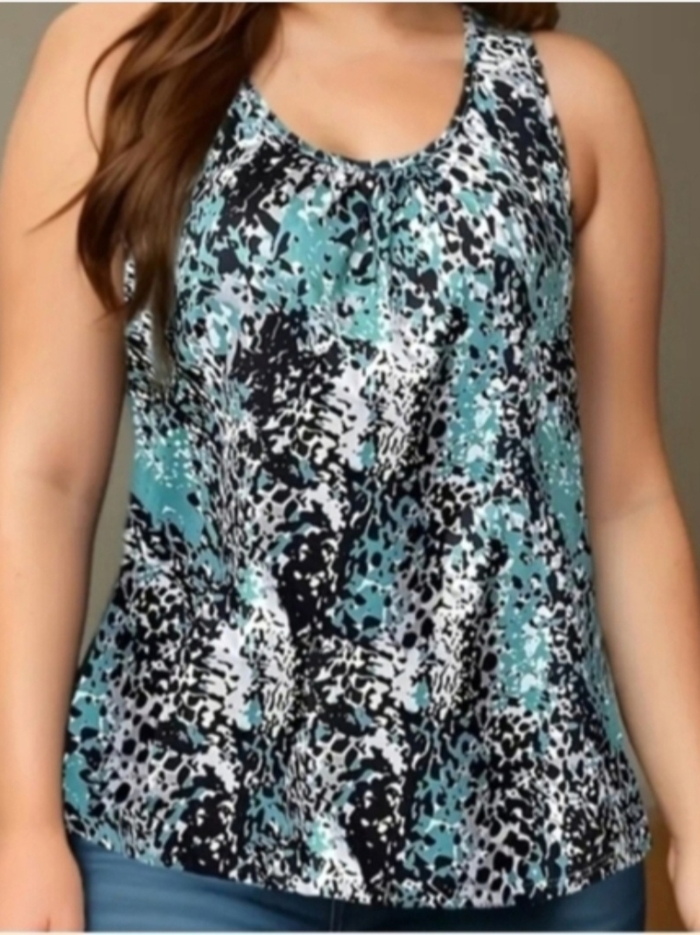 Women's Teal Black White Printed Tank Top